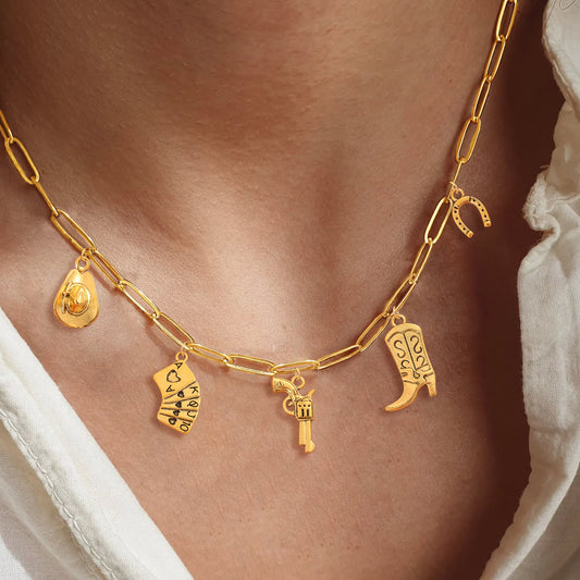 Gold Western Charm Necklace – Cowboy Boot, Hat, Horseshoe & Playing Cards