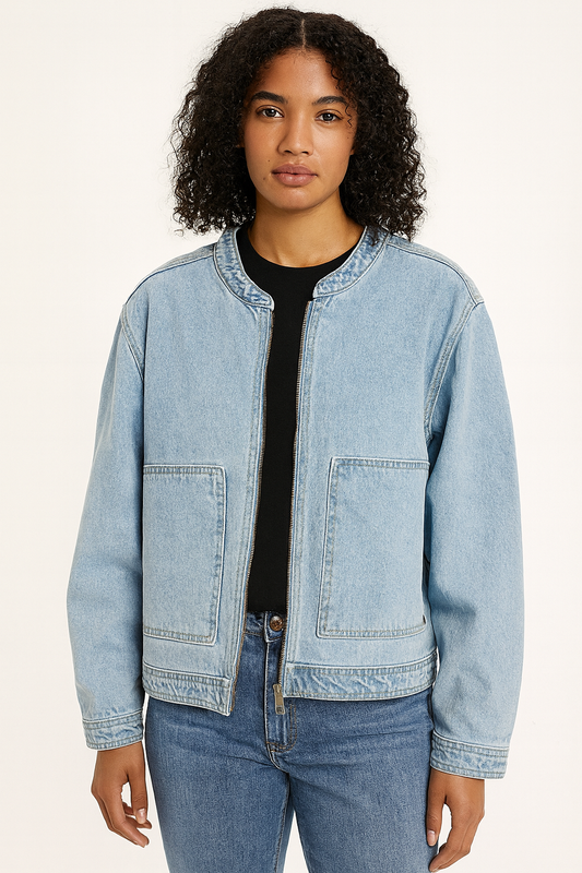 Women’s Light Wash Zip-Front Denim Jacket with Utility Pockets