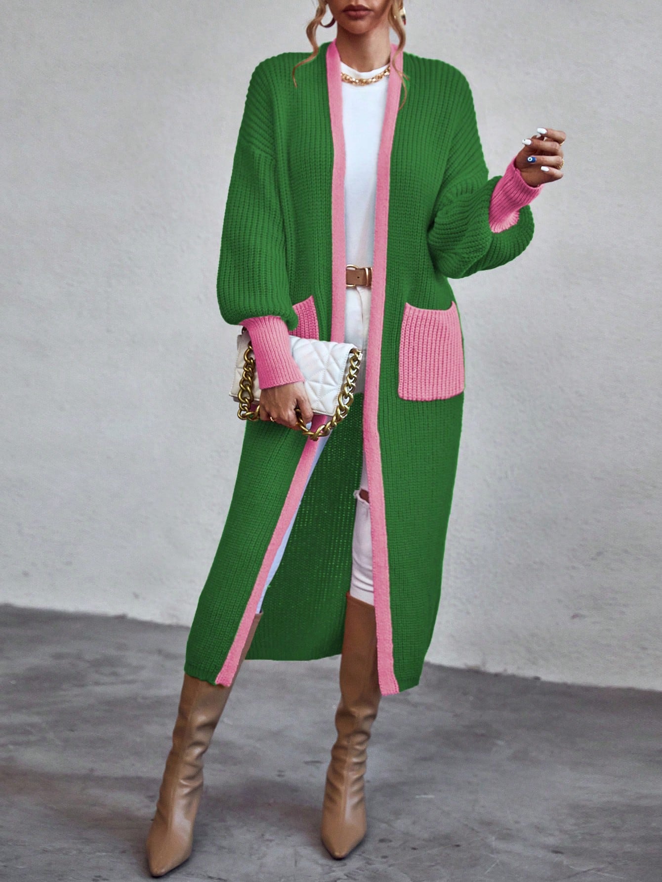 Contrast Trim Cardigan Sweater Pink/Green