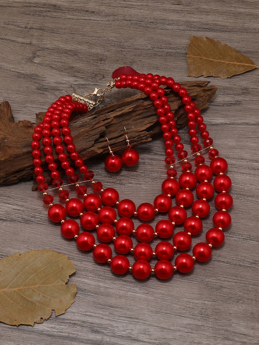 Exaggerated Pearl Necklace- Red