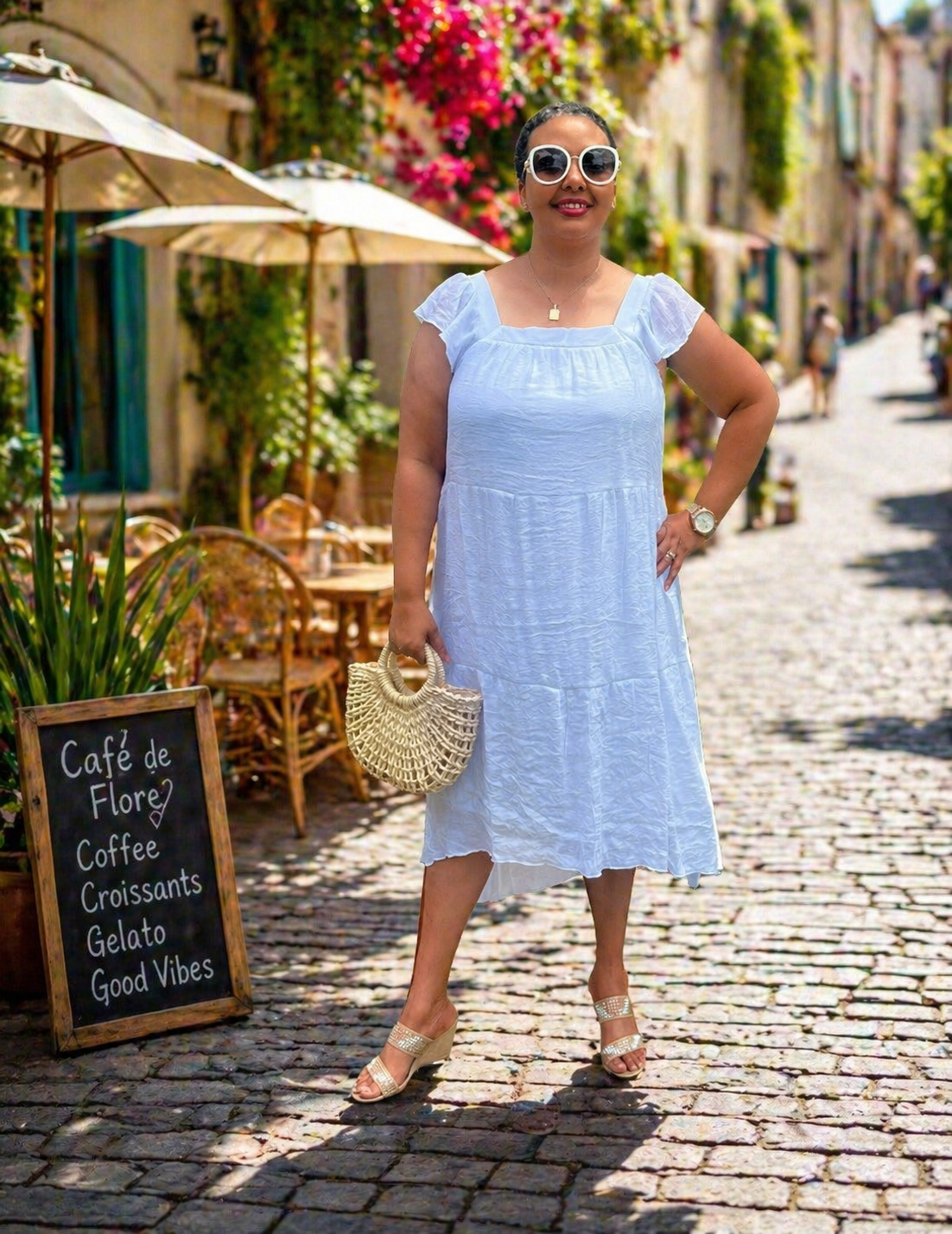 Flutter Sleeve Linen Inspired Dress - White