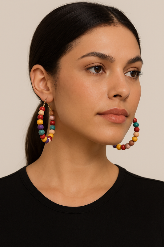 Colorful Wooden Beaded Hoop Earrings – Boho Statement Jewelry