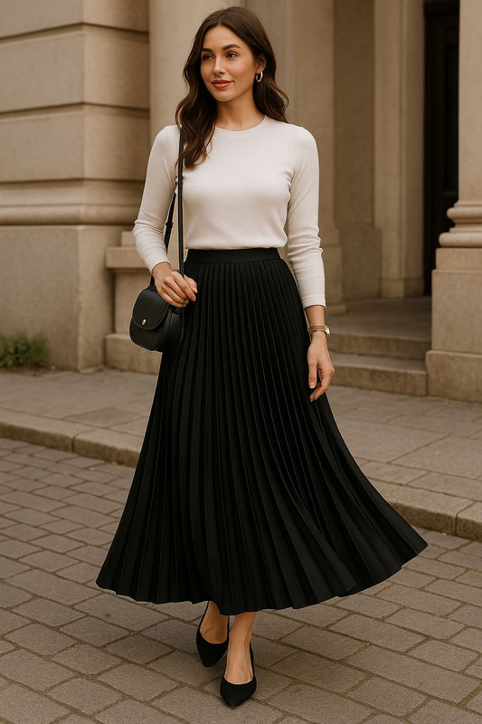 Elegant Black Pleated Maxi Skirt – Flowy High-Waist Skirt for Effortless Style