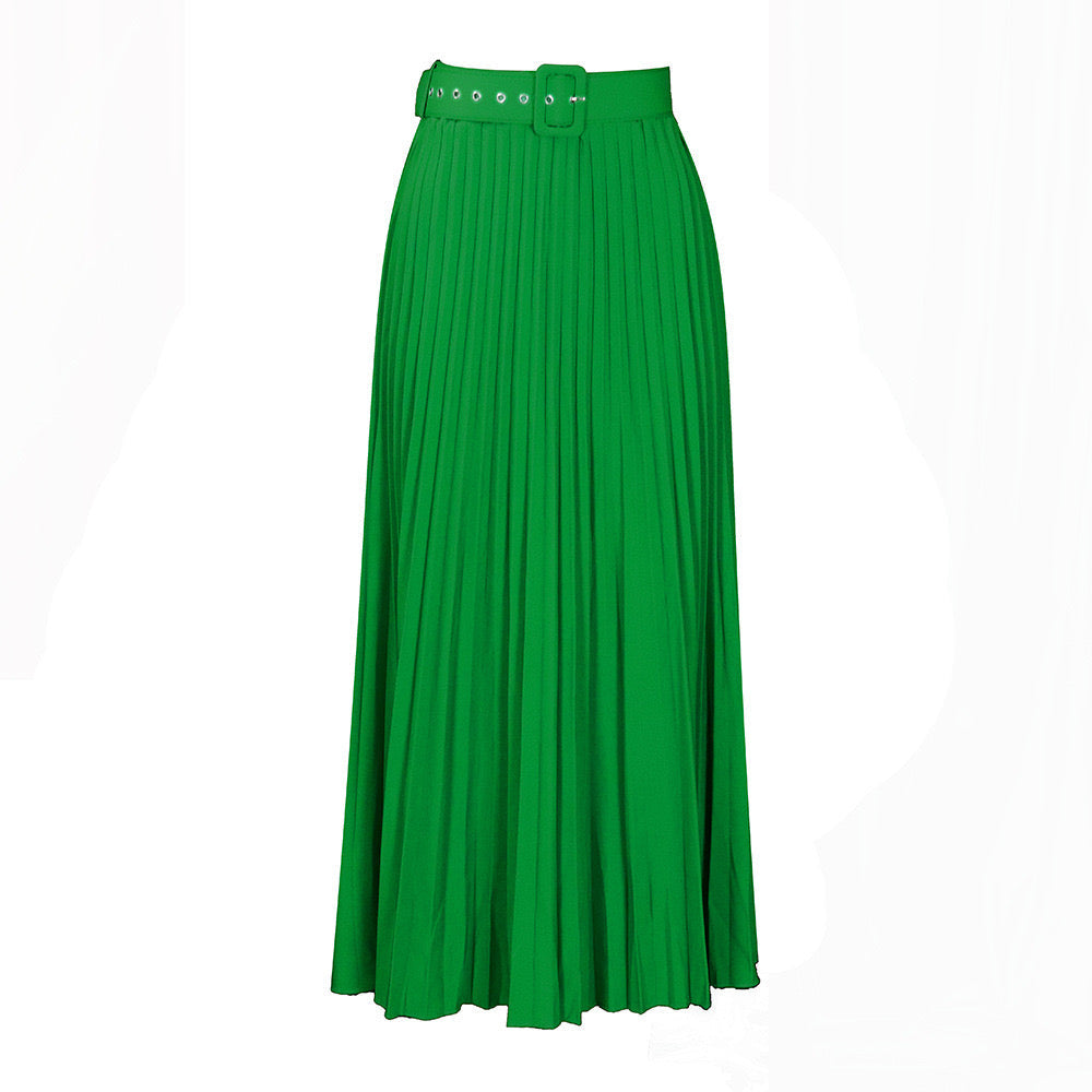 a vibrant green pleated midi skirt with matching belt