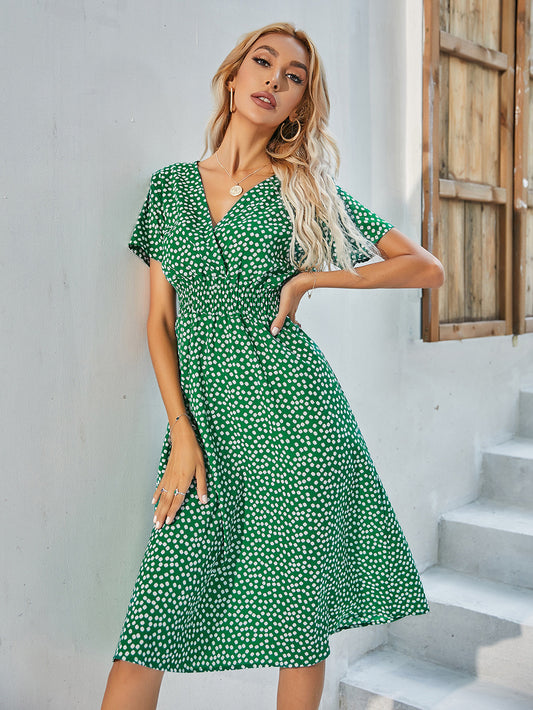 Green Daisy Floral Dot Midi Dress – Chic V-Neck