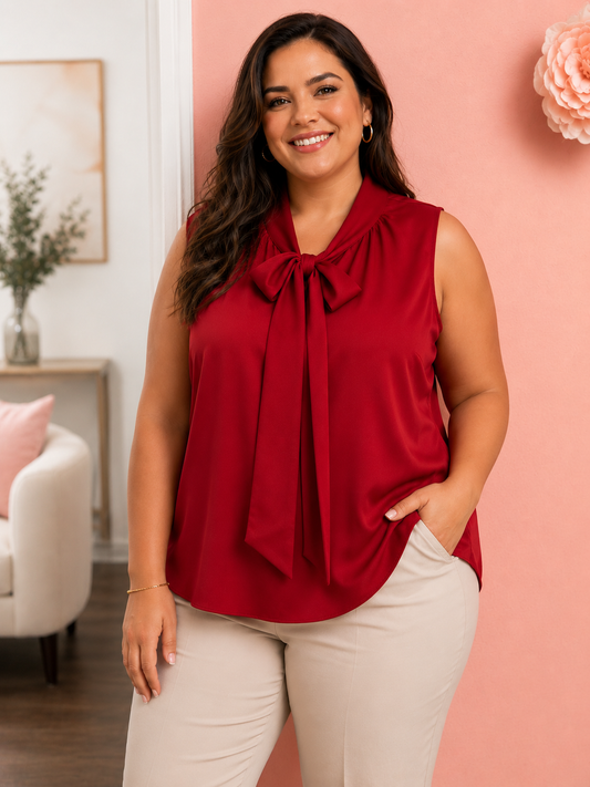 Red Plus Size Bow Tie Blouse for Women | Sleeveless Dressy Casual Top