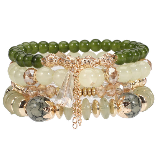 Elegant Green & Gold Beaded Stretch Bracelet Set – Layered Crystal & Gemstone Accents