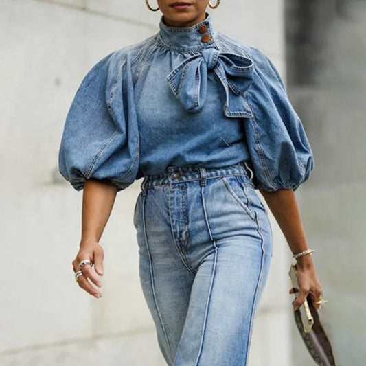 Denim Bow Blouse - Blue