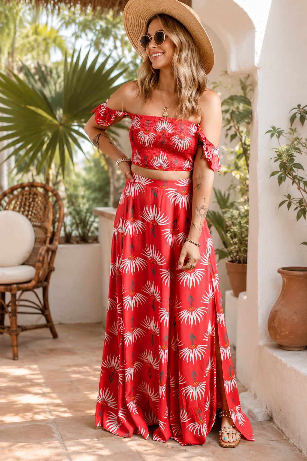 Women’s Tropical Floral Two-Piece Maxi Skirt Set | Off-Shoulder Boho Top & Skirt Vacation Outfit