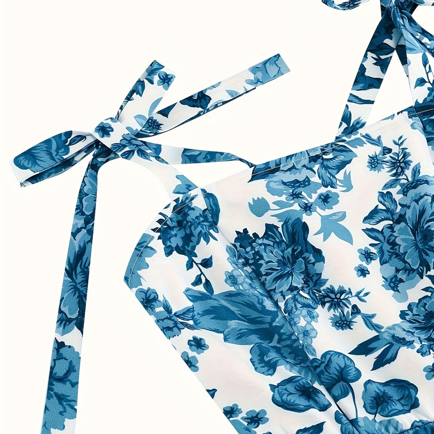 Blue & White Floral Tie Strap Midi Dress for Women | Vintage Inspired Fit and Flare Summer Dress