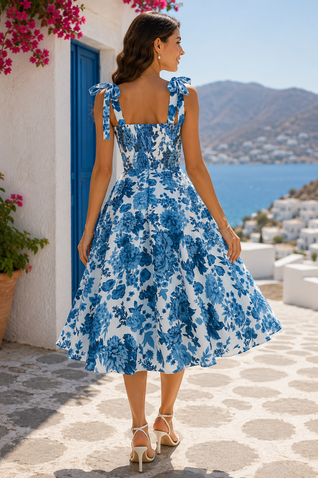 Blue & White Floral Tie Strap Midi Dress for Women | Vintage Inspired Fit and Flare Summer Dress