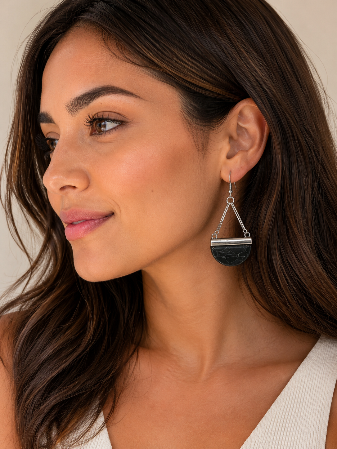 Black Marble Geometric Drop Earrings for Women | Modern Silver Statement Earrings