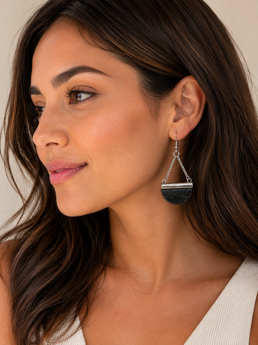 Black Marble Geometric Drop Earrings for Women | Modern Silver Statement Earrings