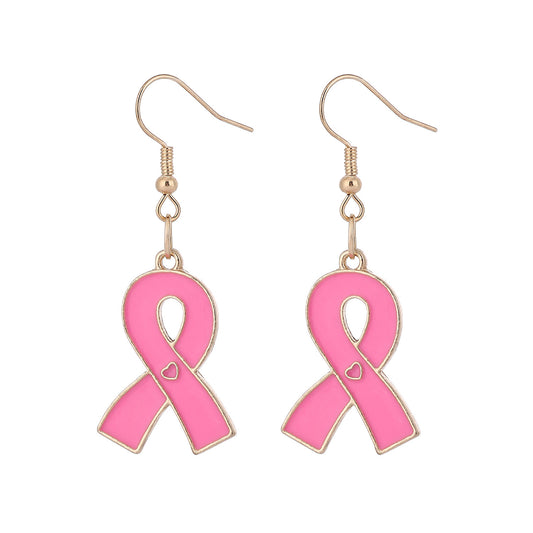 Pink Ribbon Awareness Drop Earrings – Gold Accented with Heart Detail