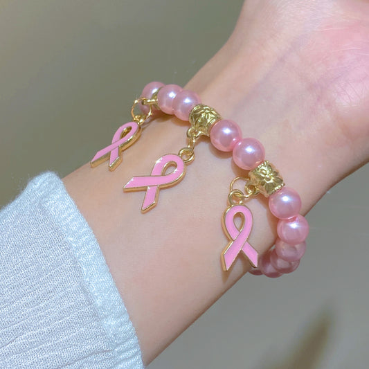 Pink Ribbon Pearl Charm Bracelet – Breast Cancer Awareness Jewelry