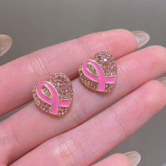 Pink Ribbon Heart Stud Earrings – Sparkling Breast Cancer Awareness