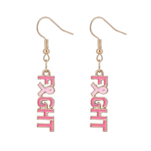 Pink “FIGHT” Awareness Dangle Earrings – Breast Cancer Support Jewelry