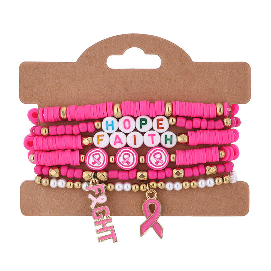 Pink Ribbon “Hope, Faith, Fight” Awareness Bracelet Set – 6-Piece Stackable Beaded Bracelets