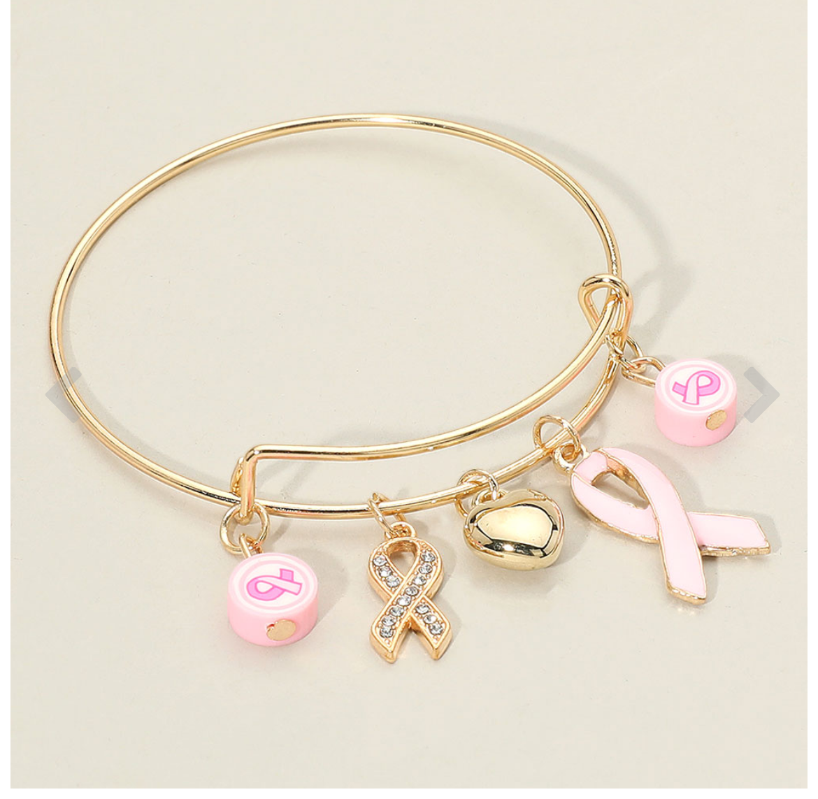 Pink Ribbon Heart Charm Bangle Bracelet – Breast Cancer Awareness Jewelry (Gold or Silver)