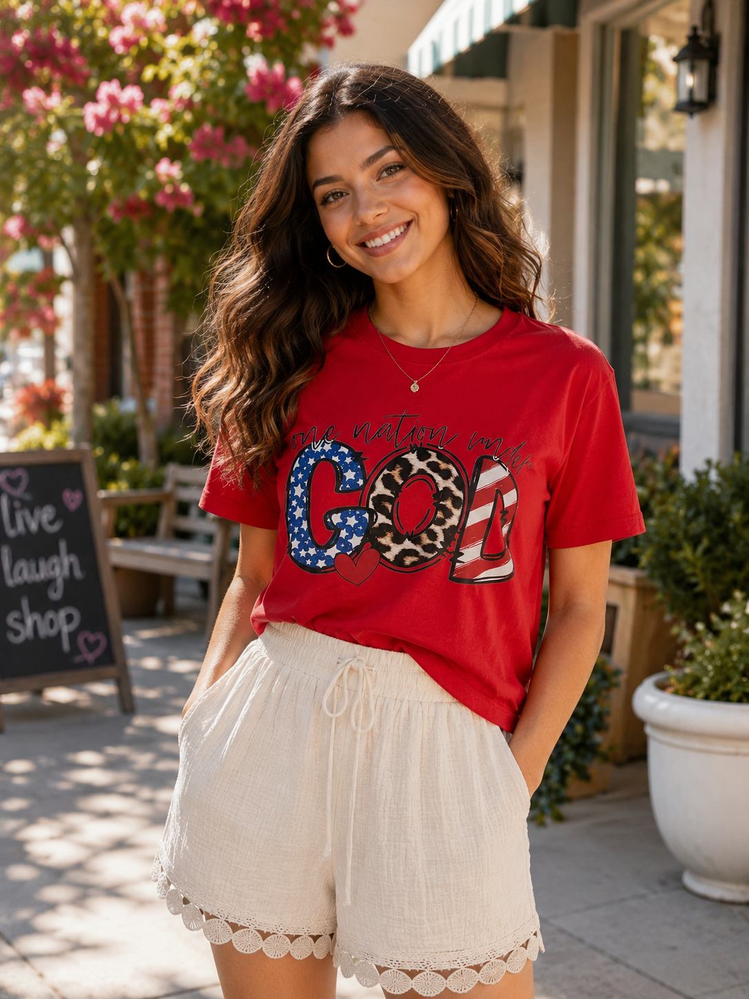 Patriotic God Graphic Tee for Women | Red Fourth of July T-Shirt with Leopard Print | Casual Summer Outfit