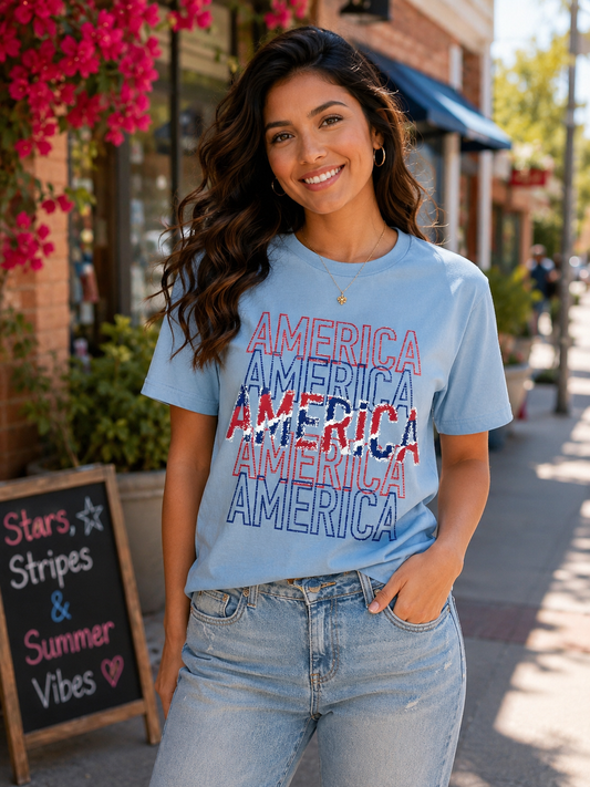 Women’s America Graphic Tee | Light Blue Patriotic T-Shirt for Summer | Trendy Fourth of July