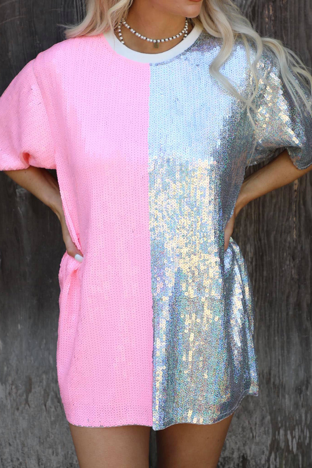 Dazzling Diva Color Block Sequin Dress - Pink