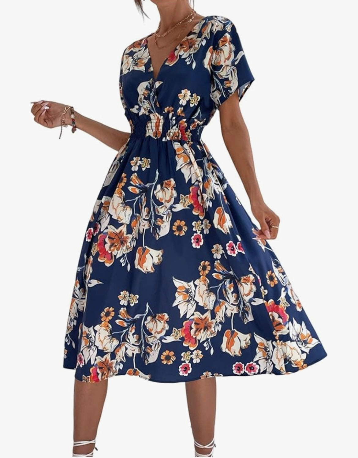 Navy floral dress with a white background