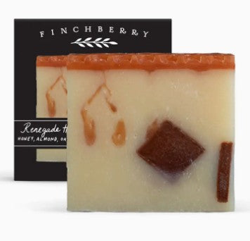 Bar of Finchberry soap with honey and almond ingredients on a white background