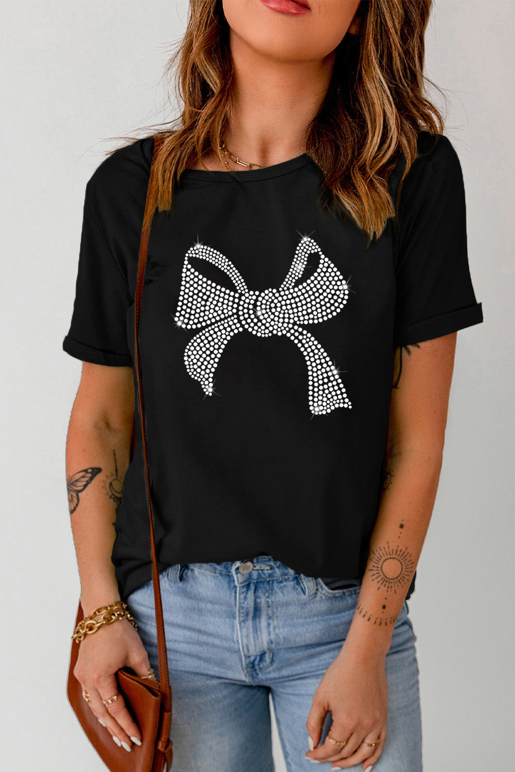 Rhinestone Bow Graphic Tee – Sparkly Glam Bow T-Shirt (Black)