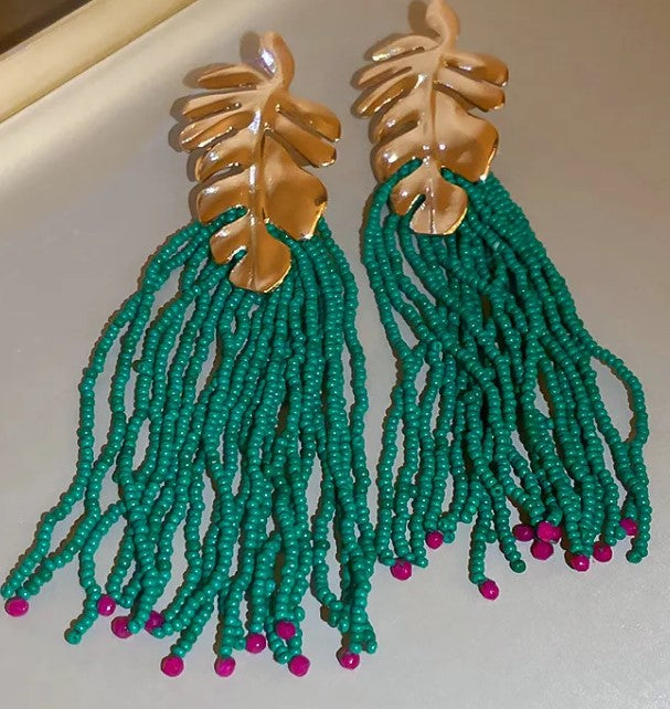 Palm Frond Seed Bead Earring