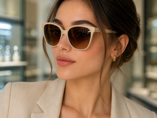 Woman wearing sunglasses with a blurred indoor background