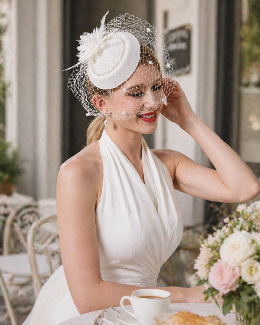 White Fascinator Hat with Veil for Women | Bridal, Derby & Church