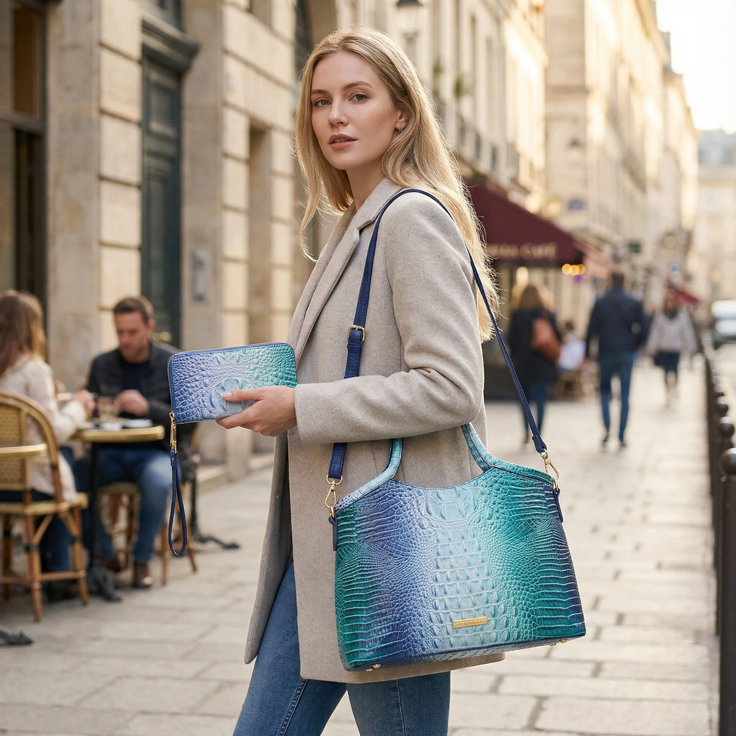 Croc Embossed Satchel Handbag Set with Matching Zip Wallet Structured Statement Purse - Blue
