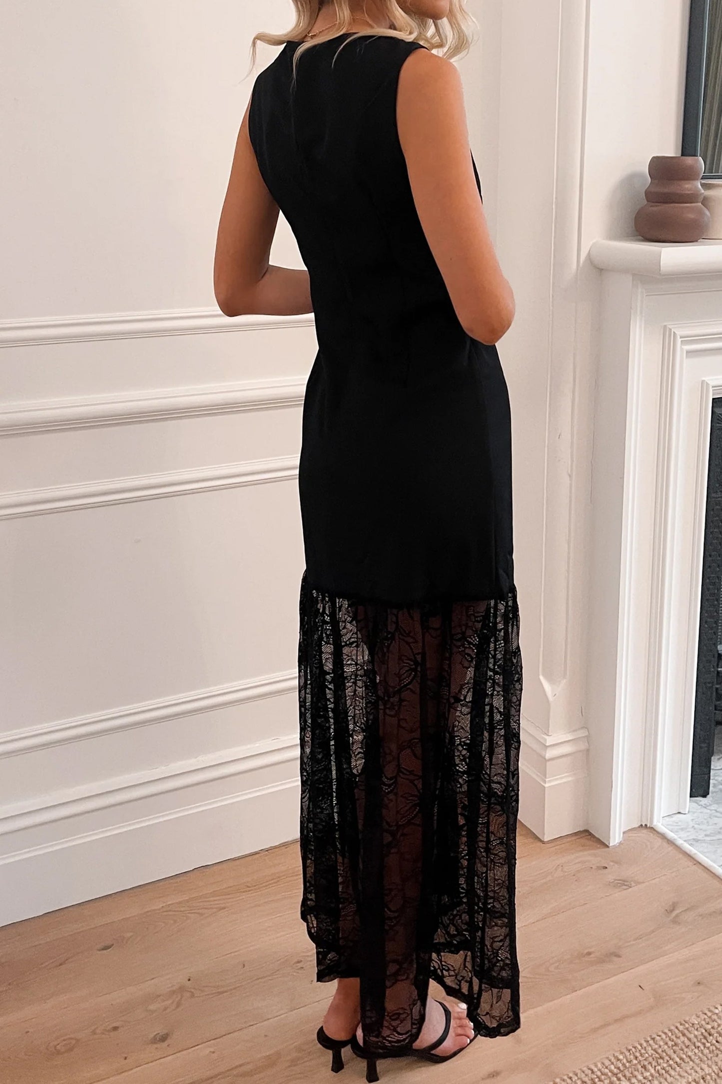 Black Sleeveless Midi Dress with Lace Hem – Elegant Evening & Occasion Dress for Women