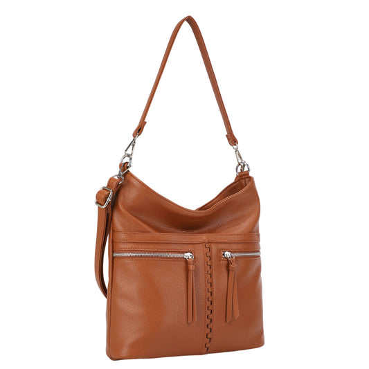 Cognac Faux Leather Slouchy Hobo Bag with Front Zipper Pockets