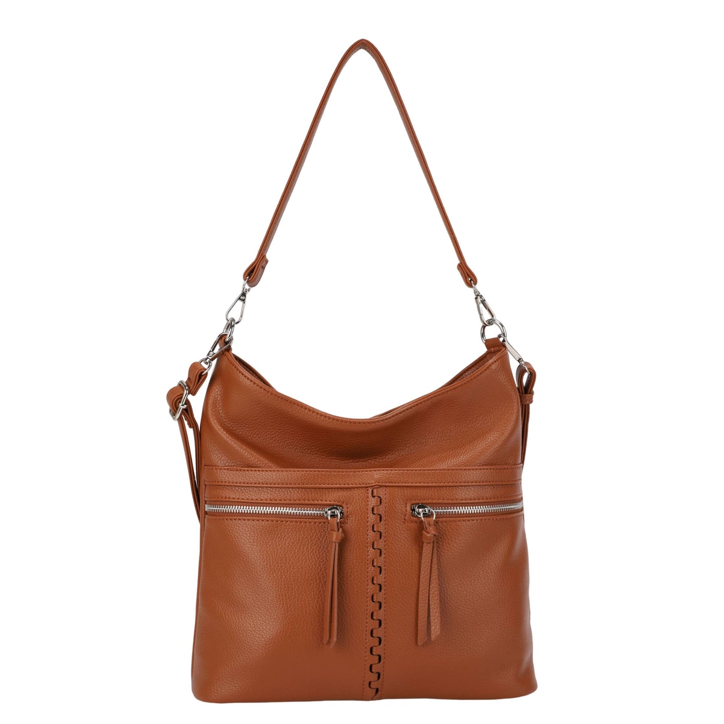 Cognac Faux Leather Slouchy Hobo Bag with Front Zipper Pockets