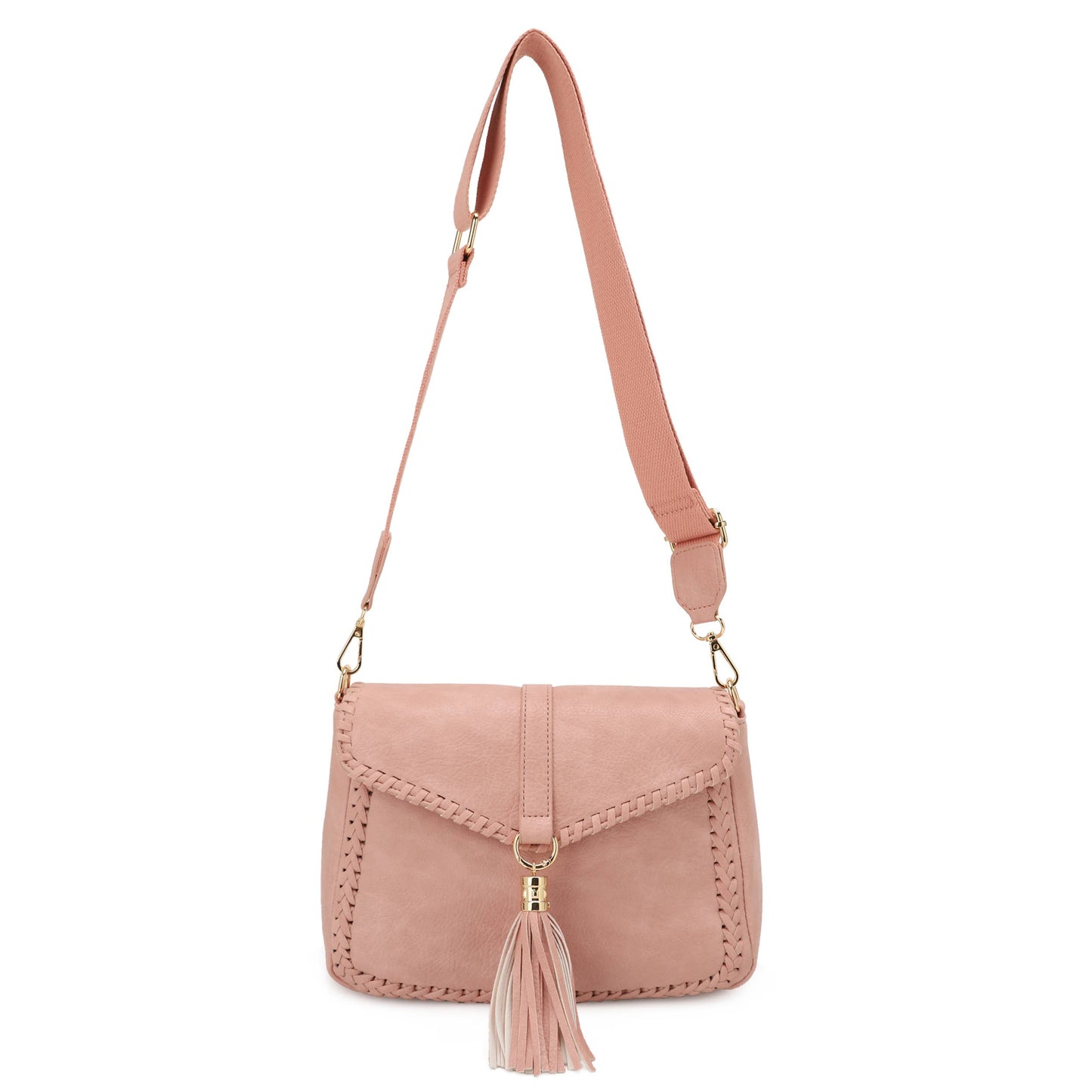Blush Braided Trim Crossbody Bag with Tassel – Adjustable Strap Shoulder Purse for Women