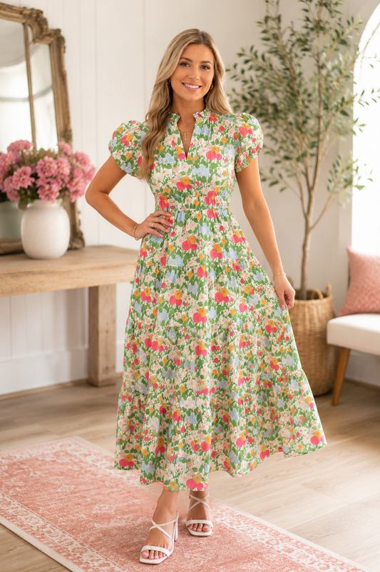 Colorful Floral Tiered Maxi Dress for Women | Puff Sleeve Spring & Summer Boutique Dress