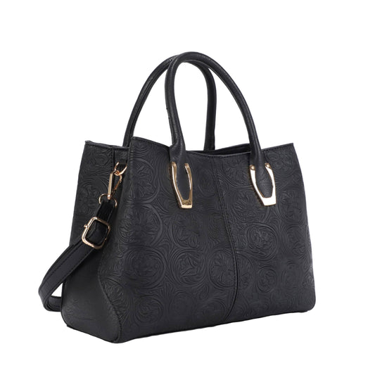 Georgianna Black Embossed Floral Satchel Bag – Elegant Structured Handbag with Gold Hardware & Crossbody Strap