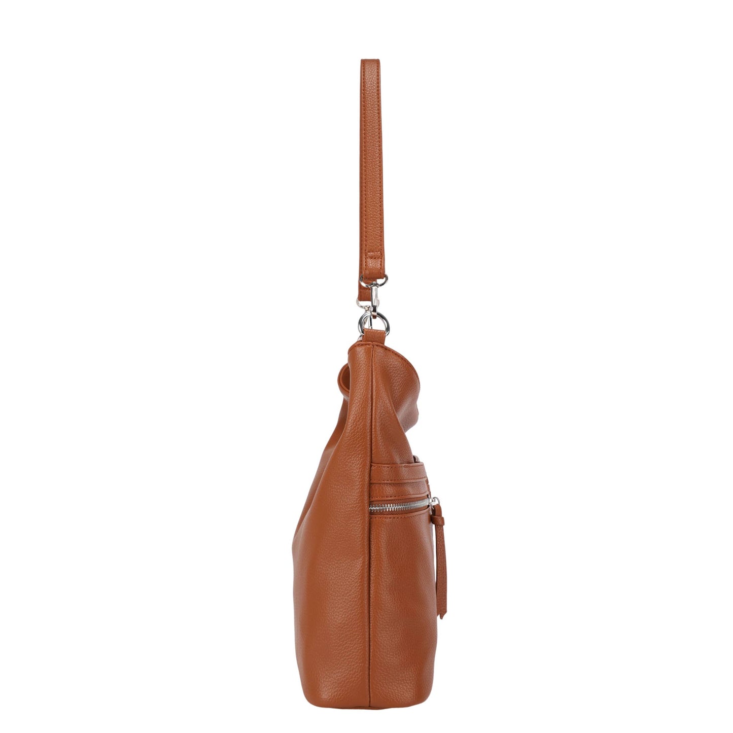 Cognac Faux Leather Slouchy Hobo Bag with Front Zipper Pockets