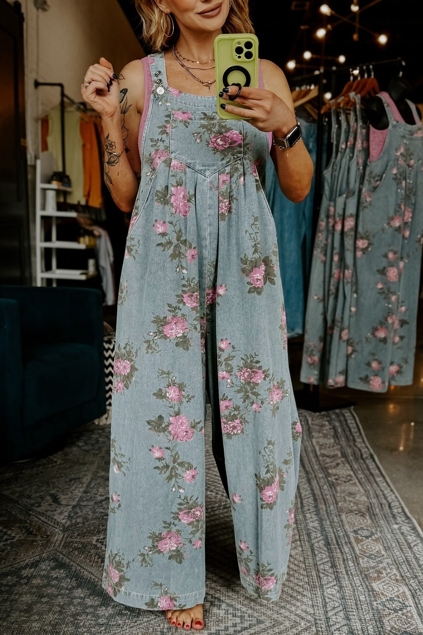 Floral Print Denim Overalls for Women | Wide-Leg Sleeveless Jumpsuit