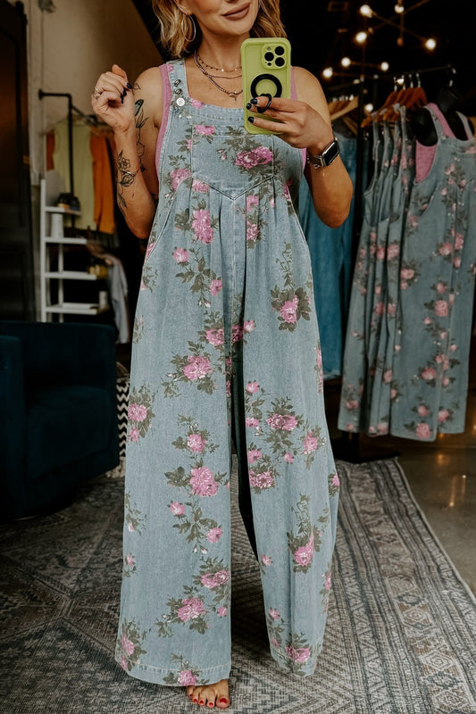 Floral Print Denim Overalls for Women | Wide-Leg Sleeveless Jumpsuit