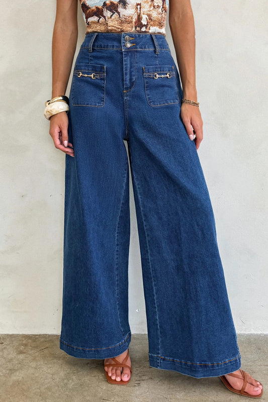 High-Rise Wide Leg Denim Jeans with Gold Hardware – Elevated Boutique Wide Leg Jeans