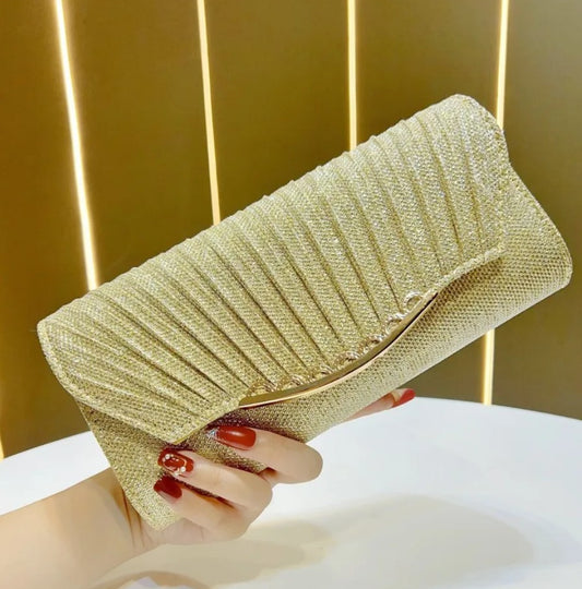 Gold Sparkle Evening Clutch – Elegant Rhinestone Pleated Handbag for Parties & Special Occasions