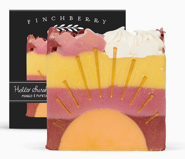 Colorful soap bar with sun design and 'Finchberry' branding
