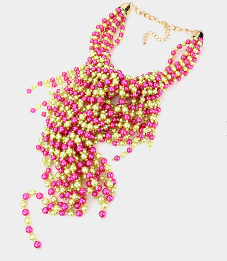 Waterfall Pearl Necklace - Pink and Green