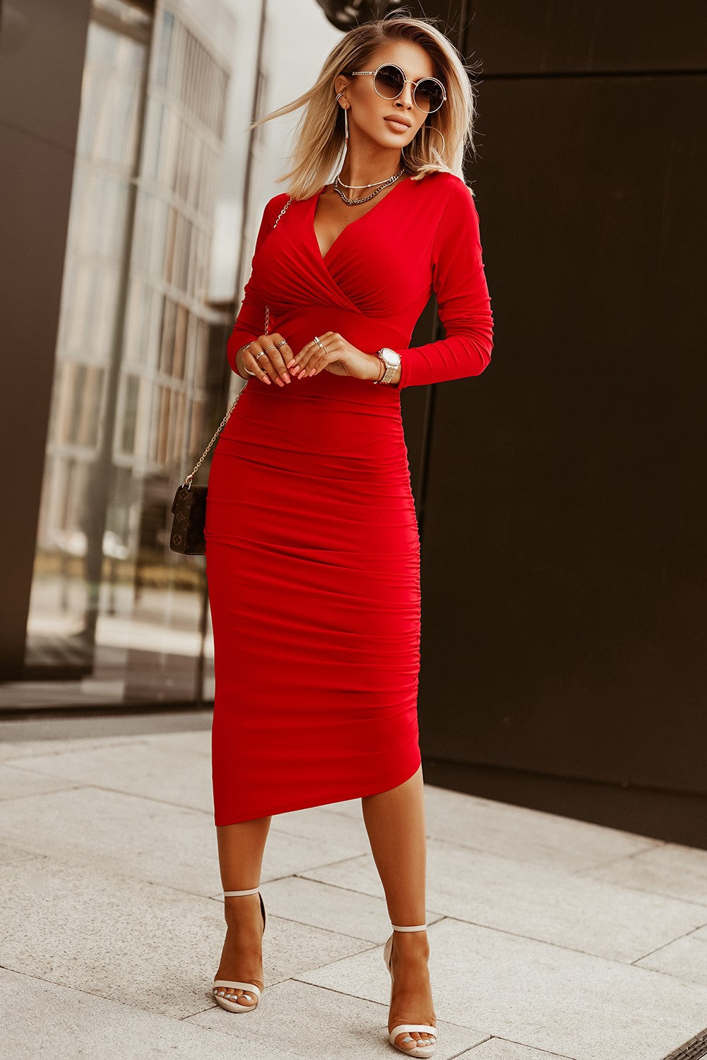 Long Sleeve Wrap Dress - Red