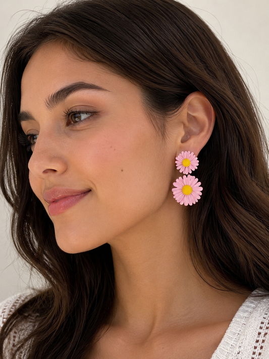 Woman wearing pink double daisy flower drop earrings 