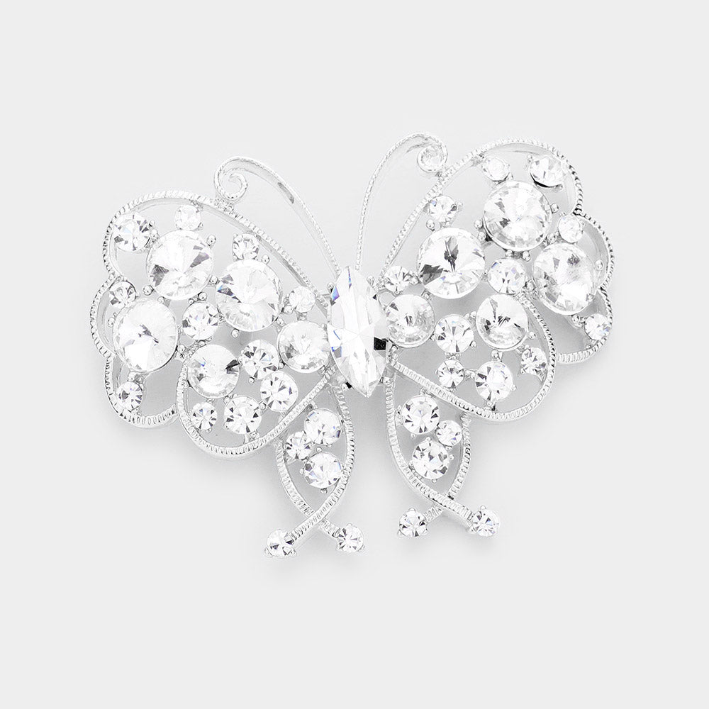 Butterfly Rhinestone Brooch- Silver