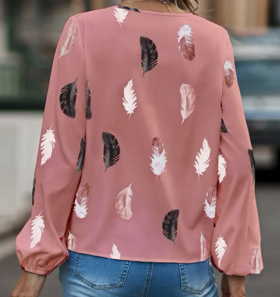 Feather Print Blouse - Pink